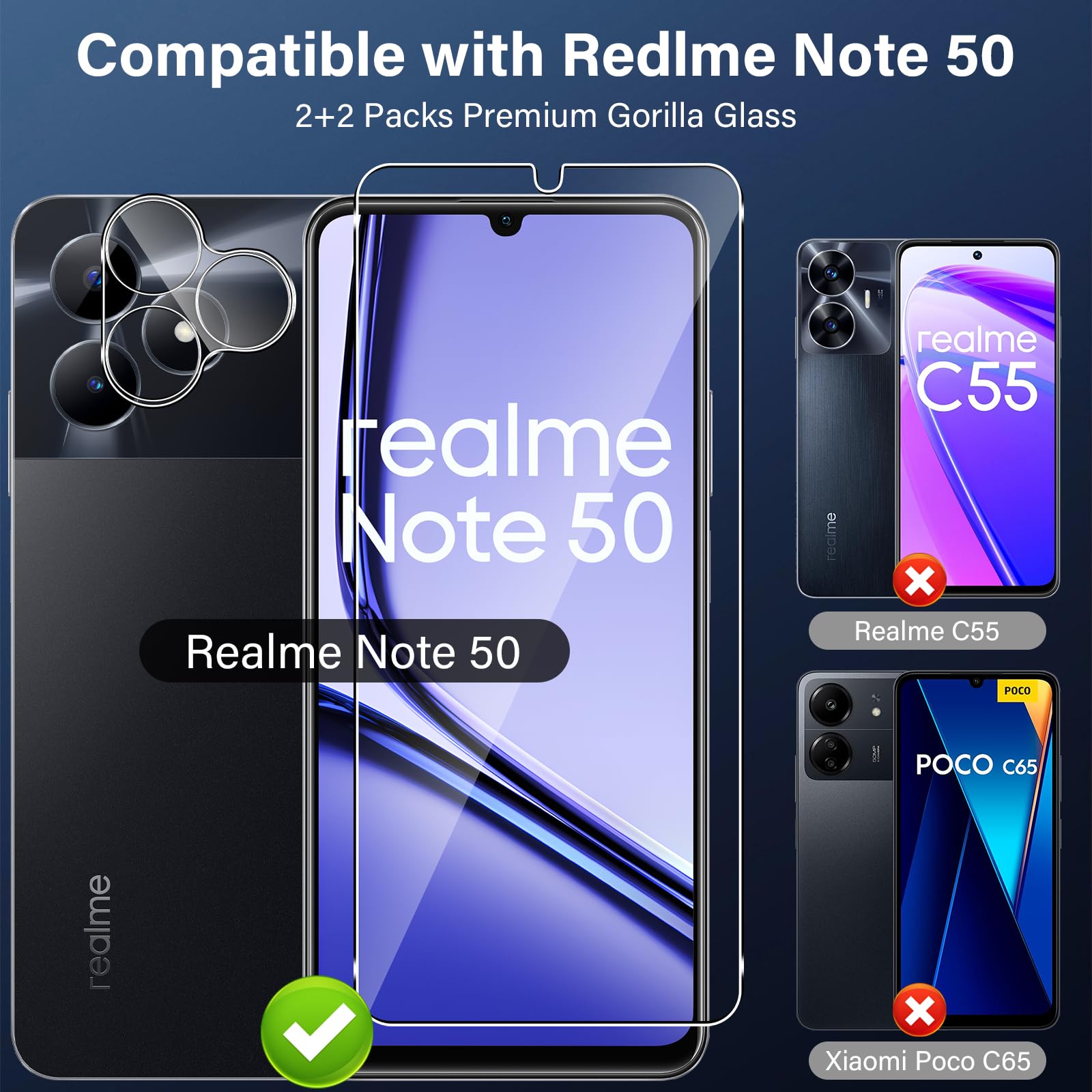 Funrae Pellicola Vetro Temperato per Realme Note 50 / Realme C51, 2 Pezzi Pellicola Fotocamera e 2 Pezzi Pellicola Protettiva, 9H HD Anti Graffi Trasparente Fotocamera Protezione Schermo