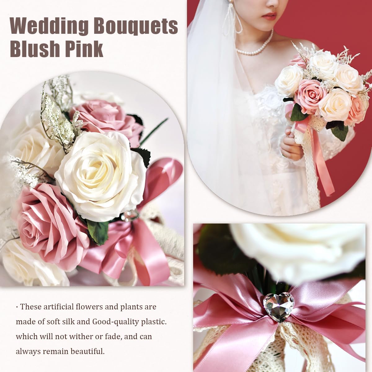 Dusty Pink Wedding Bouquets for Bride Bridesmaid,White Blush Pink Artificial Fake Silk Roses Flowers Bridal Bouquet for Wedding French Vintage Boho Rustic Church Decoration Toss Bouquet (8.6in(M)) - Image 2