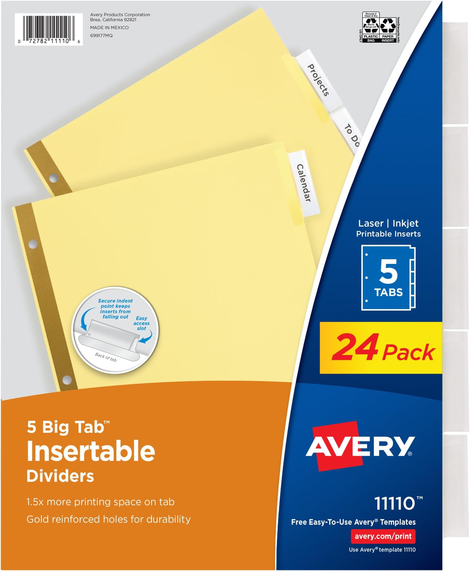 Avery Insertable Dividers for 3 Ring Binder, 5-Tab Set, Clear Big Tabs, Buff Paper with Gold-Reinforced, 24 Sets, Great for Organizing Projects, Reports, Finances, and More (11113)