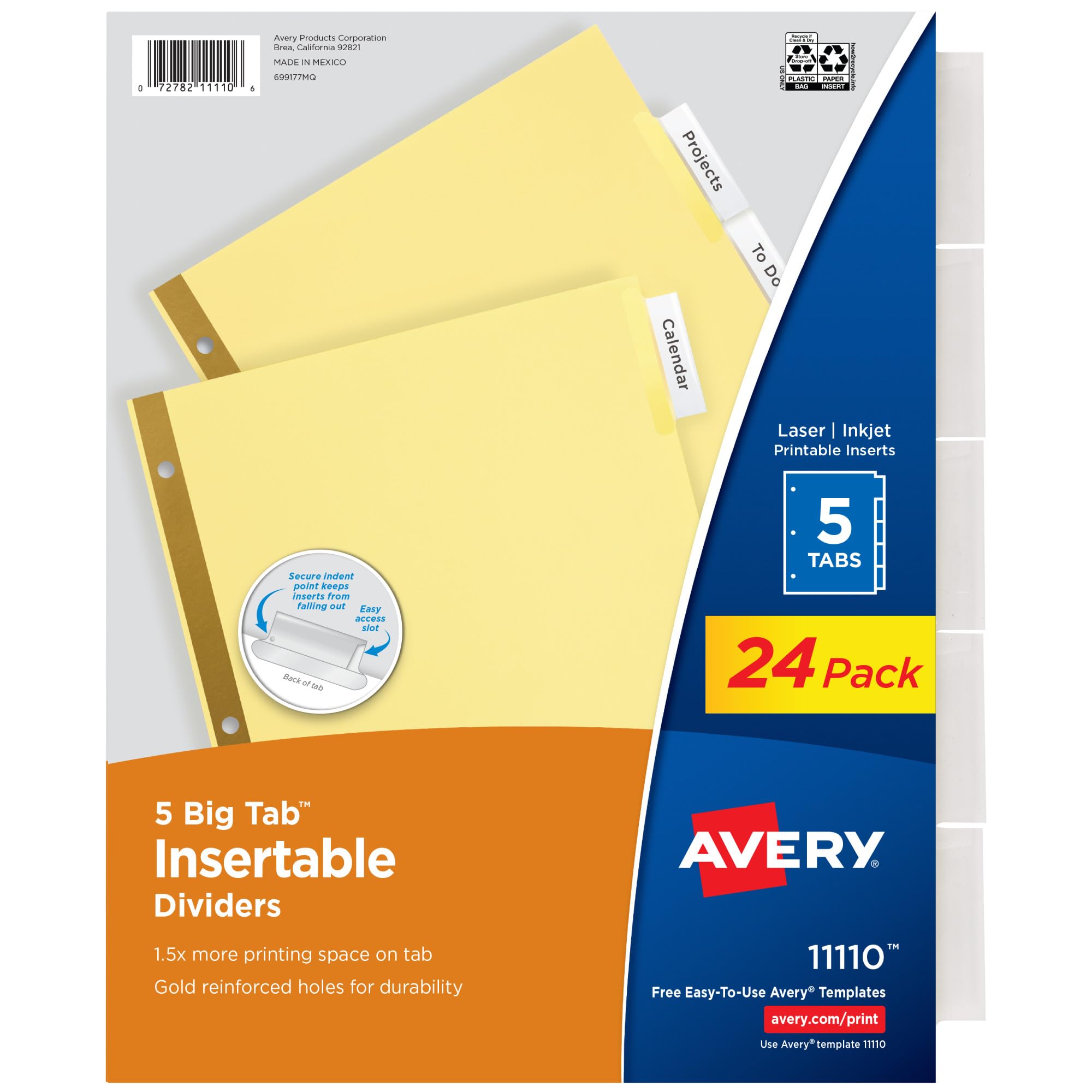 Avery Insertable Dividers for 3 Ring Binder, 5-Tab Set, Clear Big Tabs, Buff Paper with Gold-Reinforced, 24 Sets, Great for Organizing Projects, Reports, Finances, and More (11113)