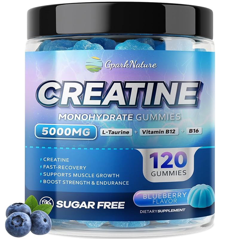 GparkNature Gomas de creatina monohidratada com L-taurina, vitaminas B12 e B6, potássio e magnésio 5000 mg, 120 gomas