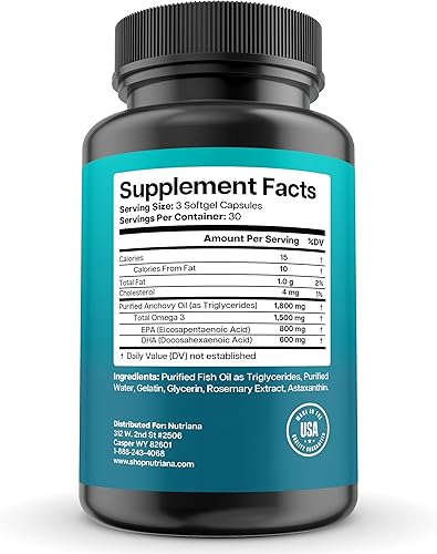 Miniatura 5 de Nutriana Aceite de pescado Omega 3 de 1500 mg  Suplemento total de DHA y EPA Omega 3 de alta potencia  Suplementos de aceite de pescado de triple