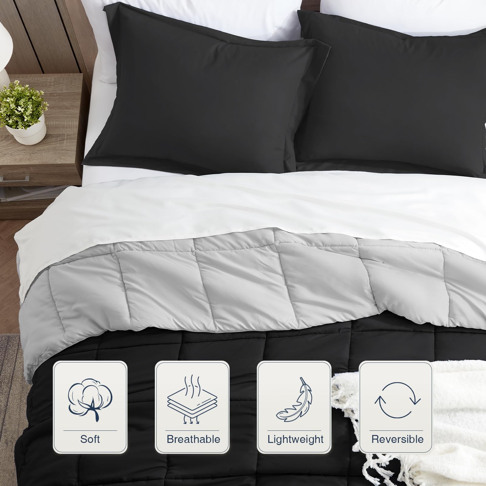 Satisomnia Lekki zestaw kołder Twin XL czarny, całoroczny puchowy alternatywny zestaw kołder do łóżka z 1 poszewką na poduszkę, 2-częściowy zestaw kołder ultramiękki odwracalny, czarny i szary Twin/Twin XL rozmiar