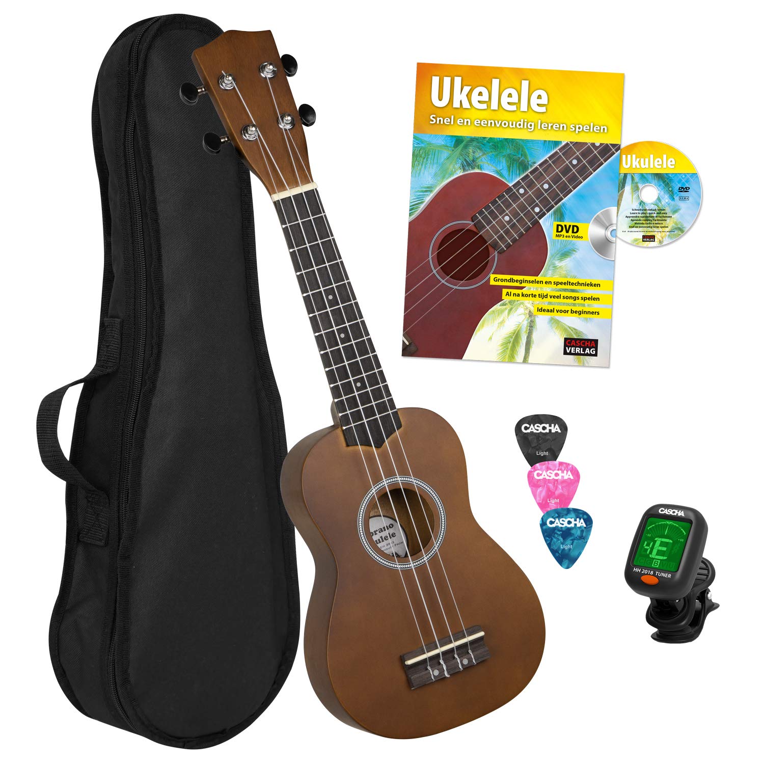 Cascha HH 3956 NL Ukulele Soprano con Manuale in Olandese, Accordatore, Borsa, 3 Plettri e Corde Aquila