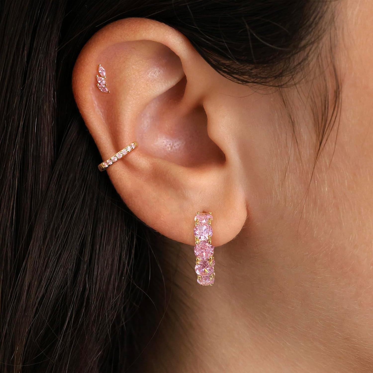 14K Gold Plated Hoop Earrings for Women,Silver Huggie Earrings for Women Cubic Zirconia Small Earring CZ Inside-Outside Hoop Earrings Clear,Hot Pink,Black,Red,Green,Multicolored Earrings - Image 3