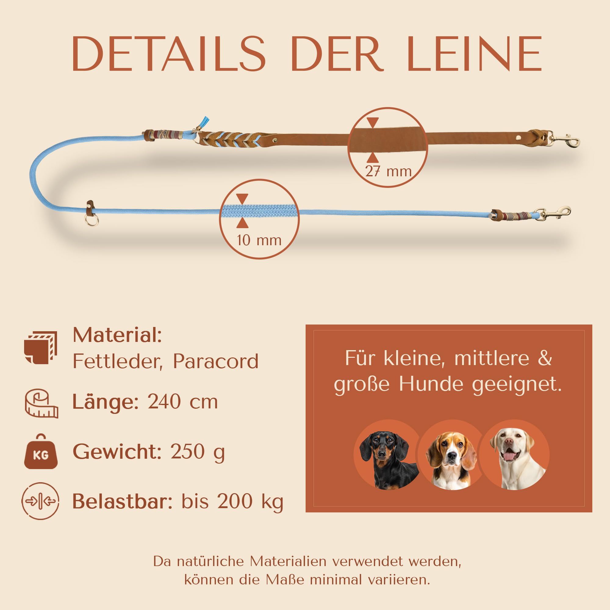 Famblanetia - Guinzaglio per cani in pelle, 2-3 m