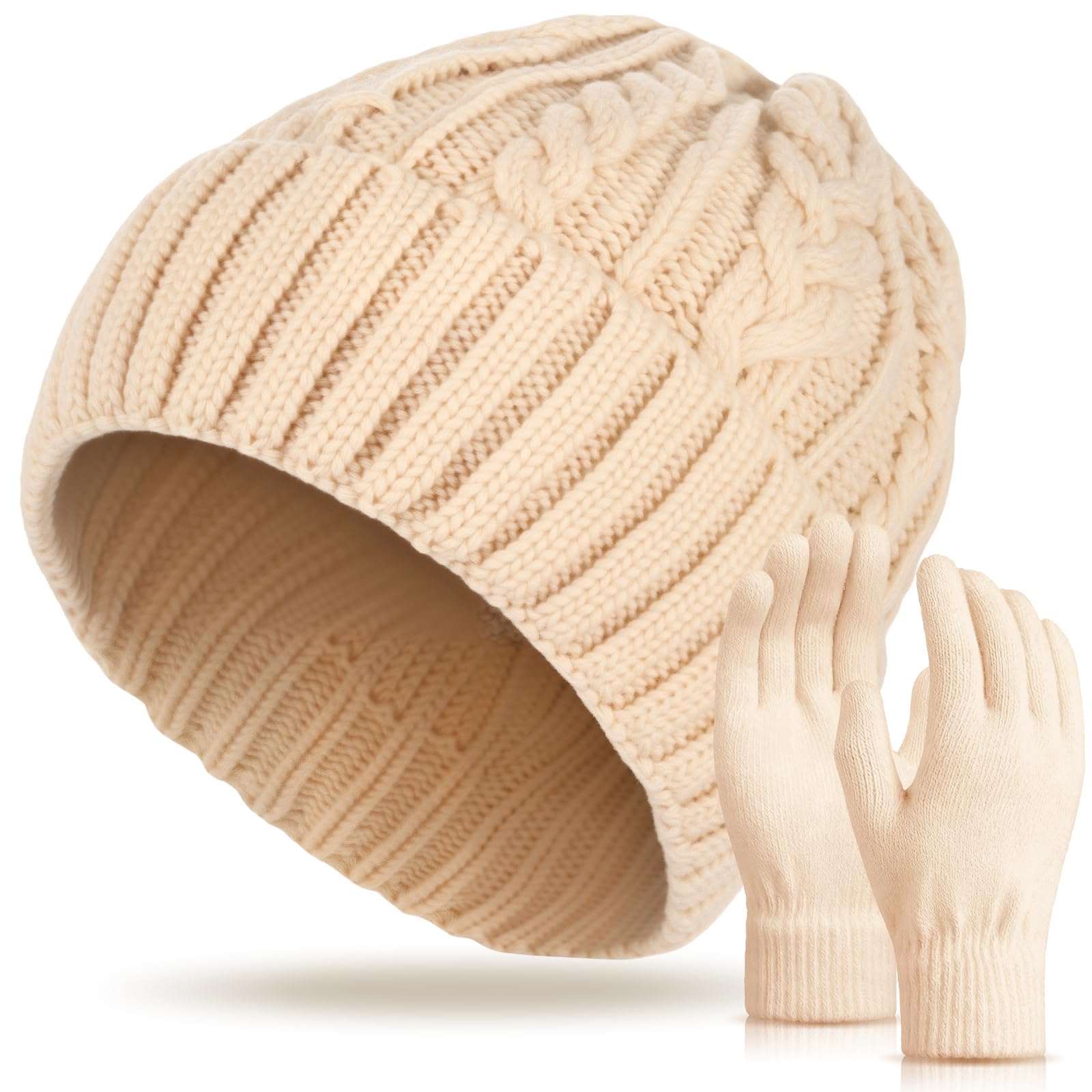 Womens Winter Beanie Hat Gloves Set Soft Knitted Lined Hat Stretchy Gloves Winter Warm Cap Gifts for Women Men-image-20