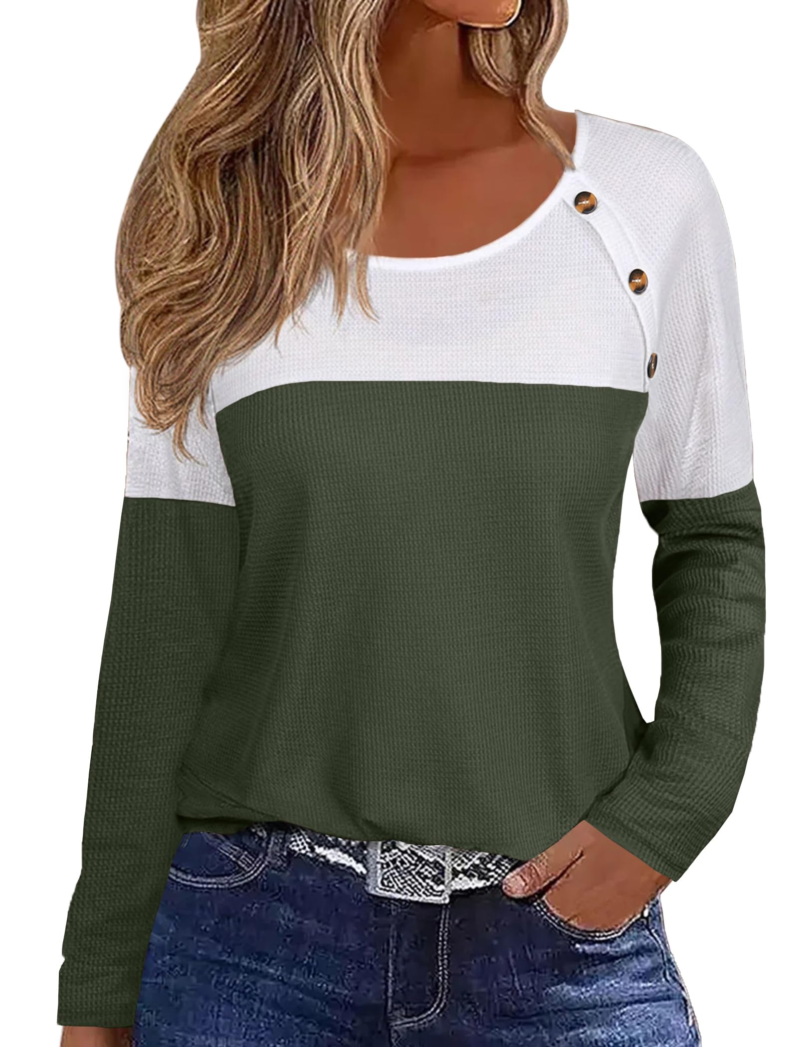 ZeagooWomen Waffle Knit Shirts Long Sleeve Colorblock Tee Button Detail Tunics