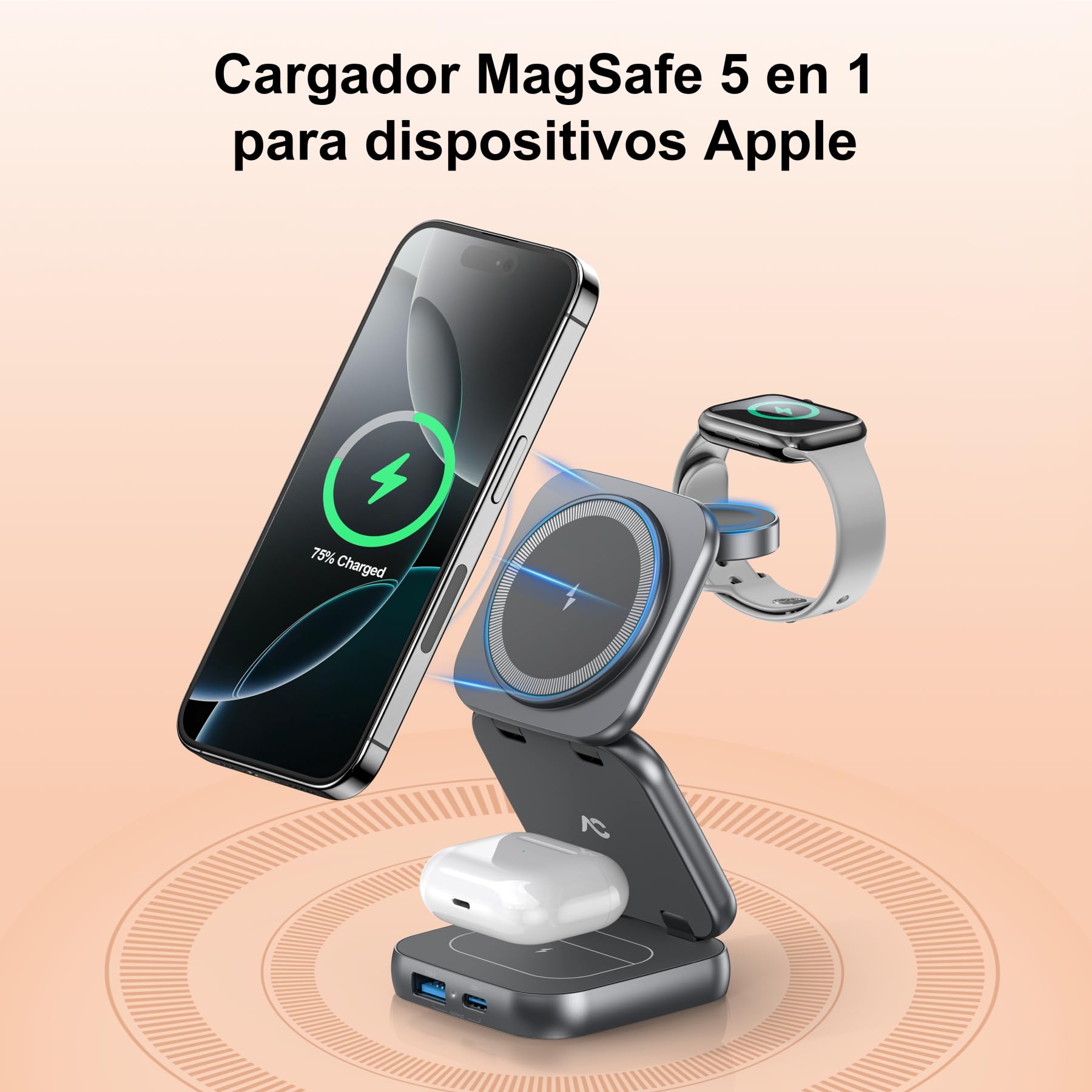 AC Island 2025 Cargador mag-Safe, Cargador inalámbrico 5 en 1 para iPhone, Estación de Carga Plegable para Viajes, Compatible con Las Series iPhone 17/16/15/14/13/12, Apple Watch y AirPods Pro(Gris)