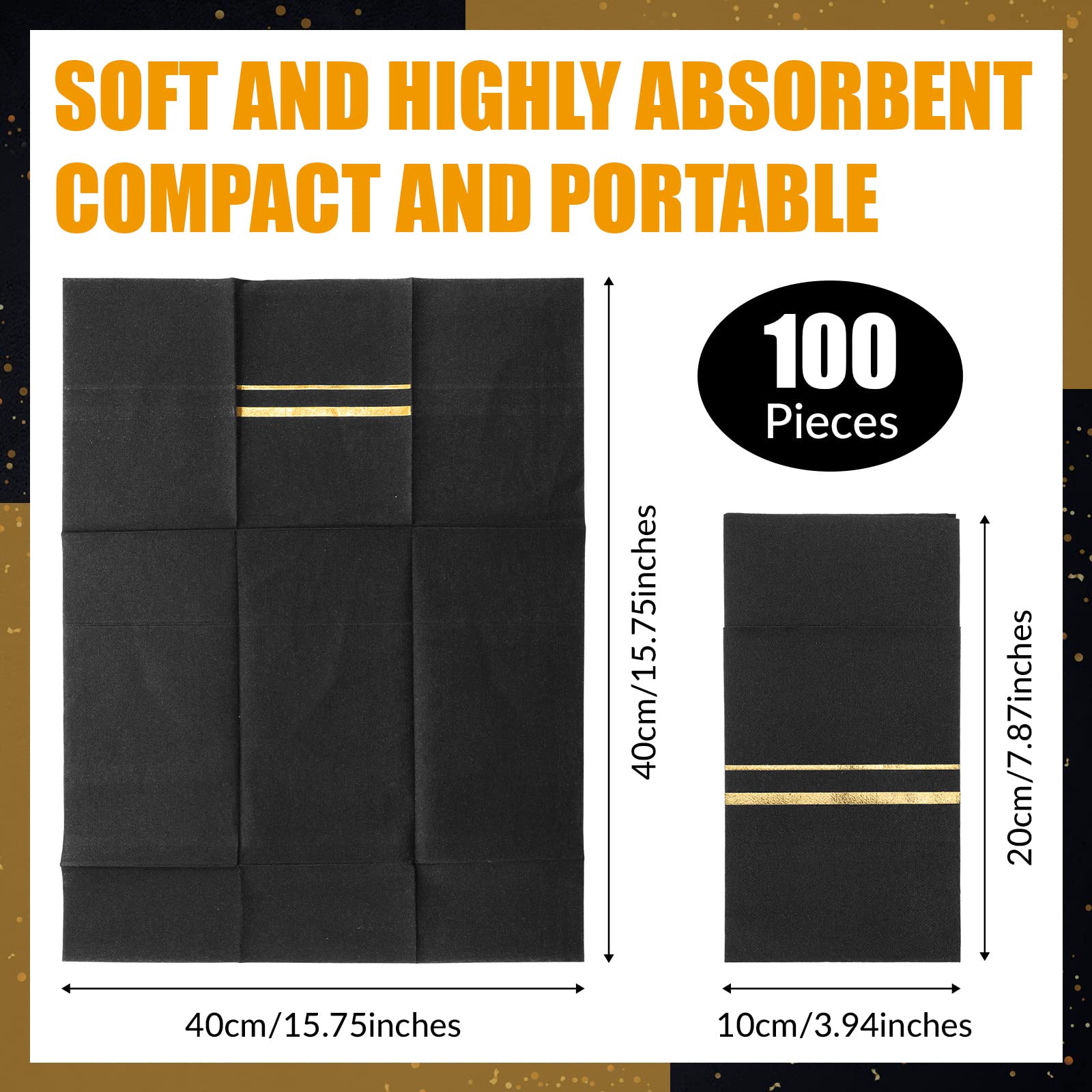 Mémotrie 1 | Serviettes jetables aspect lin, doublées avec bordure dorée, pré-pliées, serviettes en papier aspect tissu
