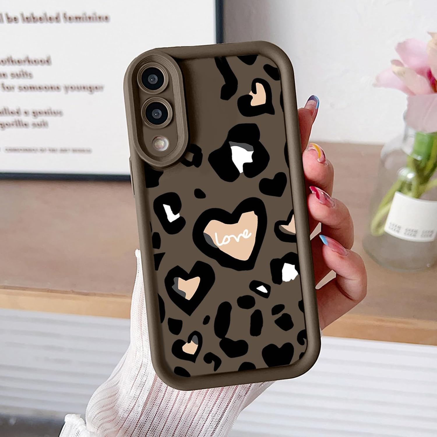 coque Samsung s25 Edge – ESONG Coque pour Samsung Galaxy S25 Edge Motif Cœur Léopard, Ultra Mince, Jolie Coque Esthétique Mignonne pour Femmes Filles, Coque de Protection en Silicone Souple Antichoc Marron