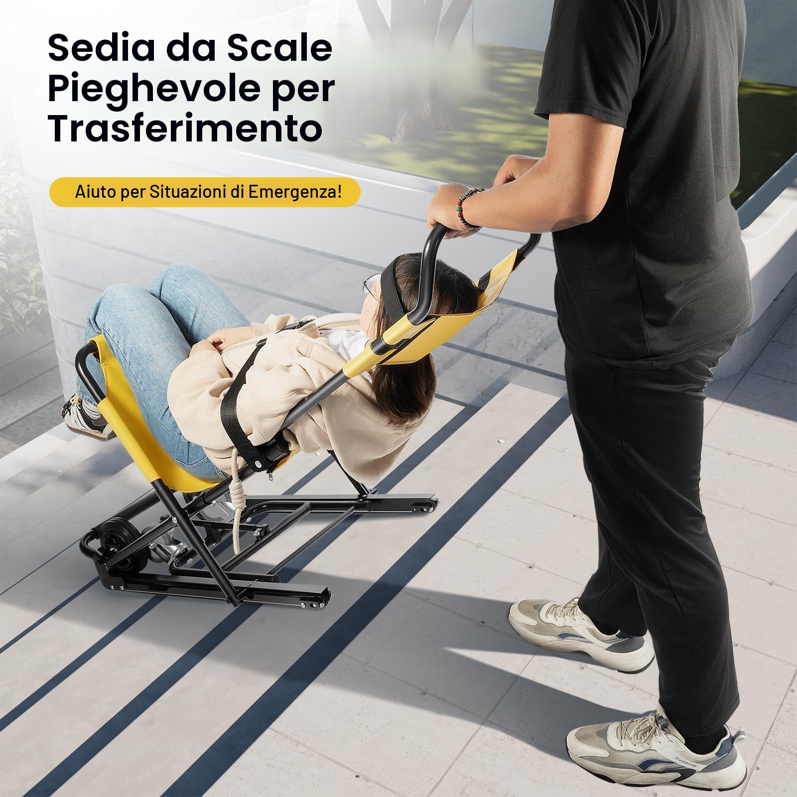 Sedia per scale per anziani, pieghevole, con cinture di sicurezza, pieghevole, leggera, portata 159 kg, per adulti, trasporto manuale (giallo)