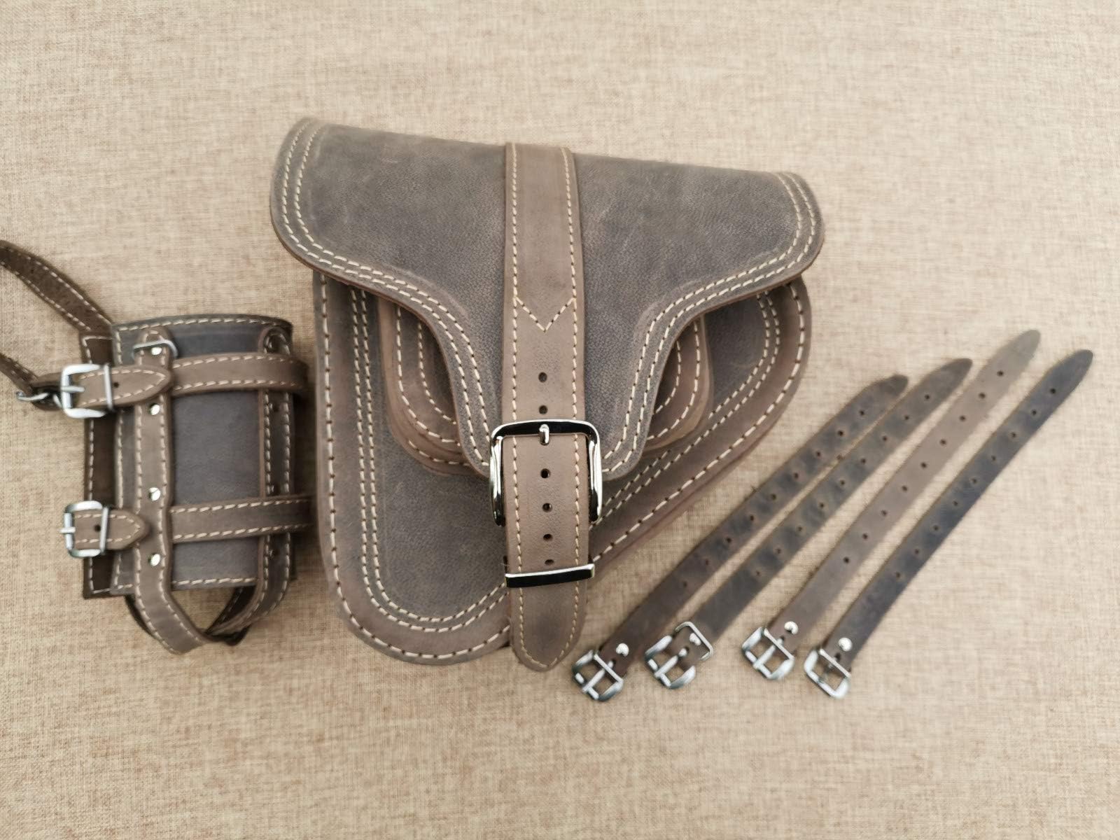 ORLETANOS Hades Dirty Brown Compatible with Harley Davidson Softail Fatboy Heritage Frame Swing Arm Left Leather Saddle Bag Swing Bag Side Pocket Leather Brown