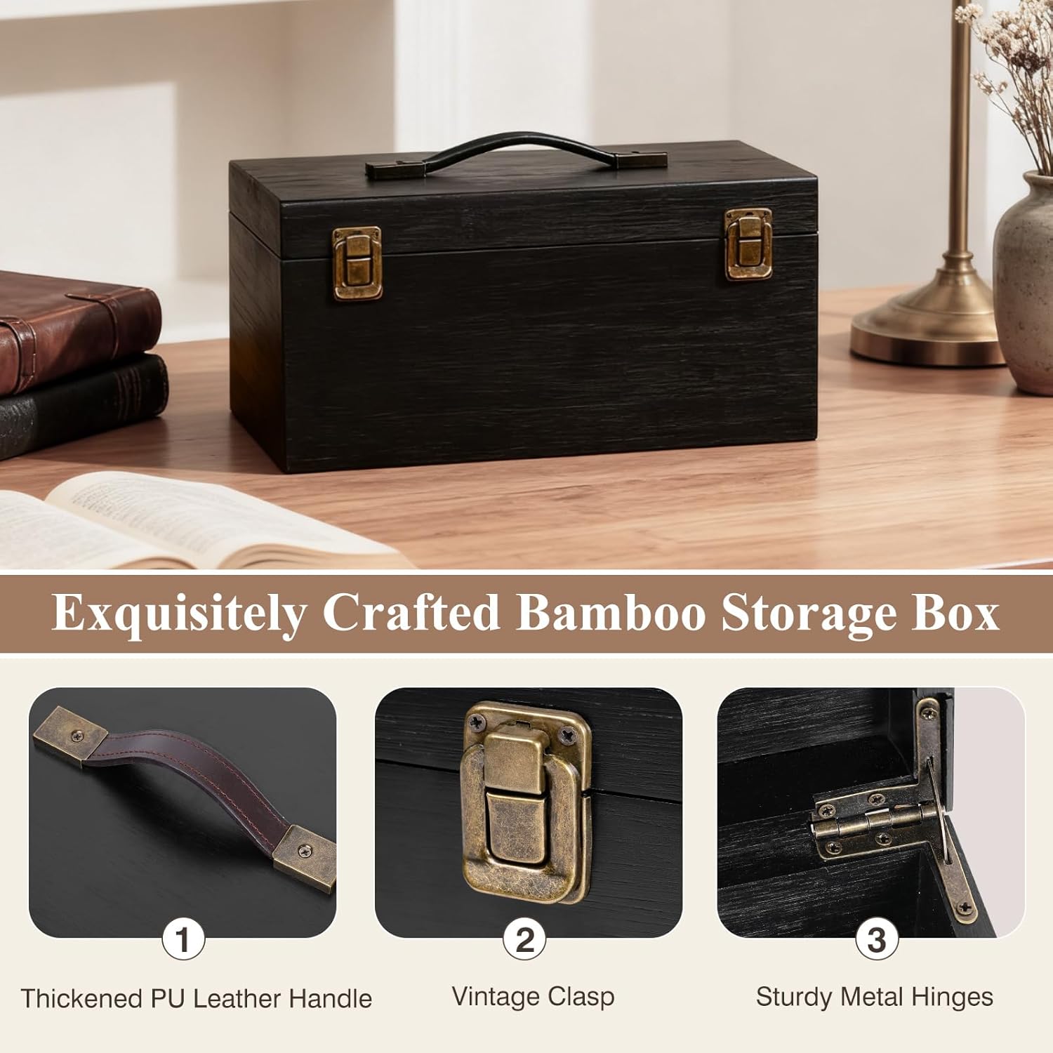 ANMINY Wooden Keepsake Memory Box with Lid Bamboo Wood Storage Box with Hinged Lid & PU Leather Handles Large Decorative Wooden Chest Box for Crafts Stash Gifts - Black, 11.8" L x 7.8" W x 5.9" H