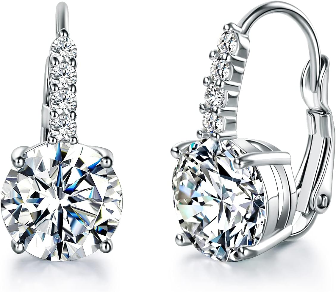 Earrings for Women, 18K White Gold Plated Earring Hypoallergenic Round Cut Cubic Zirconia Drop Dangle Earrings Bridal Earring for Women Prong Setting