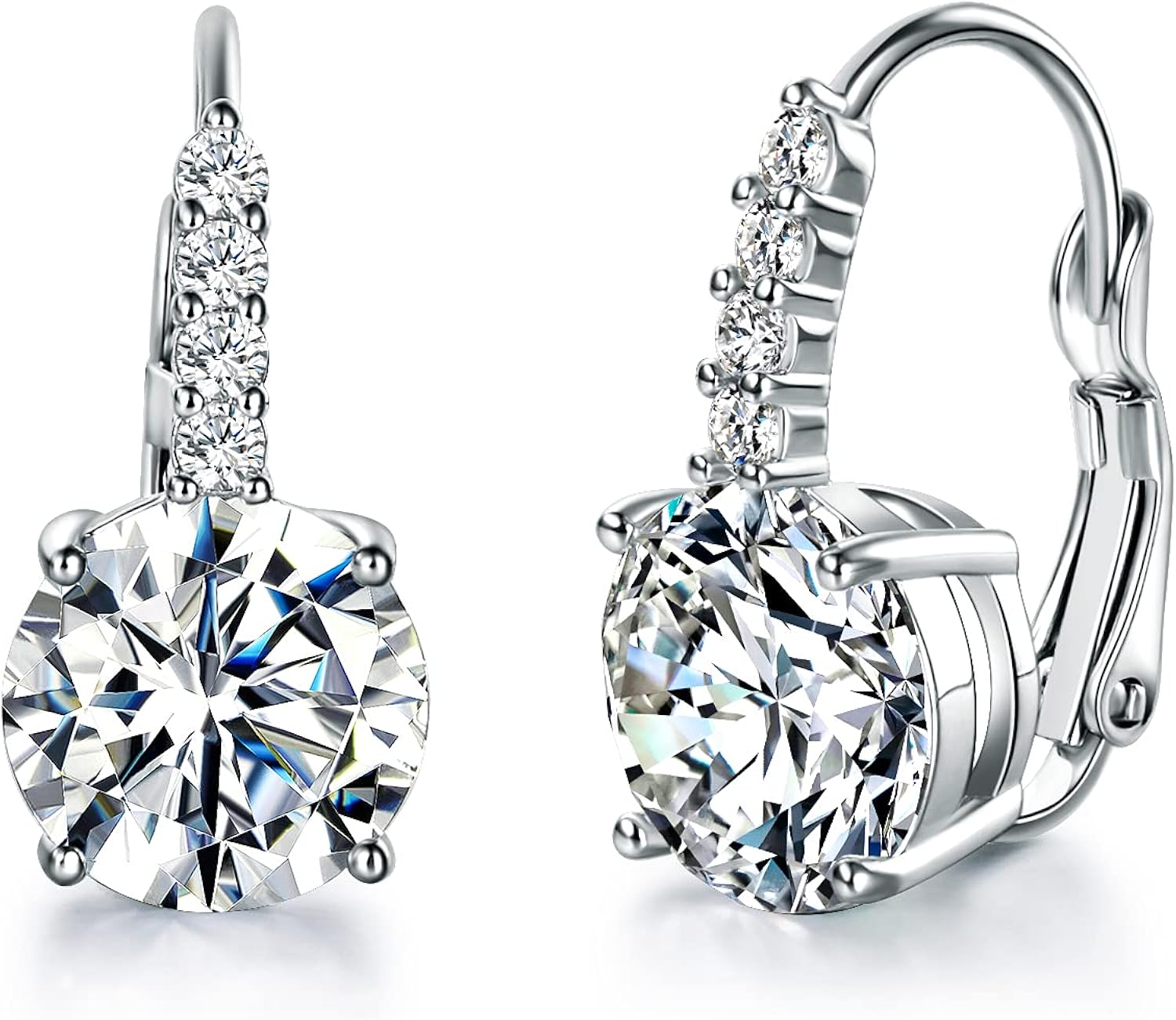 Aretes colgantes chapados en oro blanco con circonita cúbica de corte redondo para mujer, Latón, Circonia cúbica