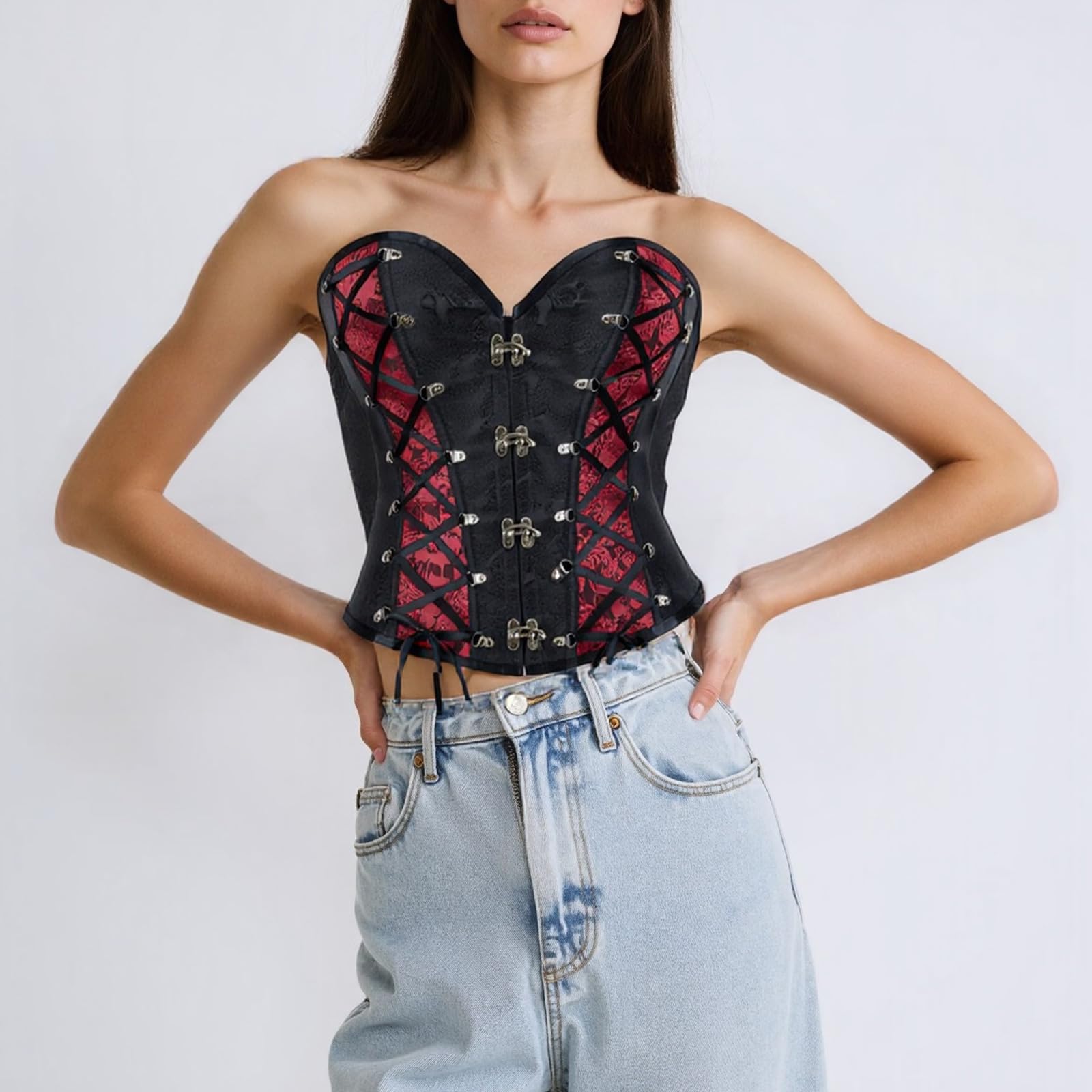 PURPLELILY Corsé floral victoriano moldeador de cintura ajustable estructura deshuesada lencería detalle cadena tela poliéster místico gótico moda desgaste