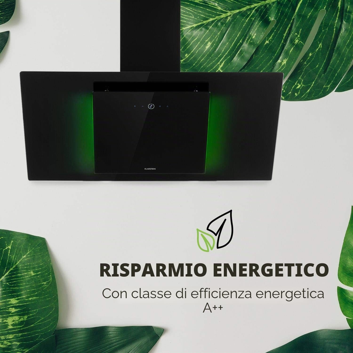 Klarstein Eleonora - Cappa Aspirante Inclinata, Classe Energetica A++, Capacità: 426m³/h, Touch, Luce Ambiente RGB, 60dB, Ricircolo/Scarico, Luce LED, Filtro Antigrasso, 90cm, Nero