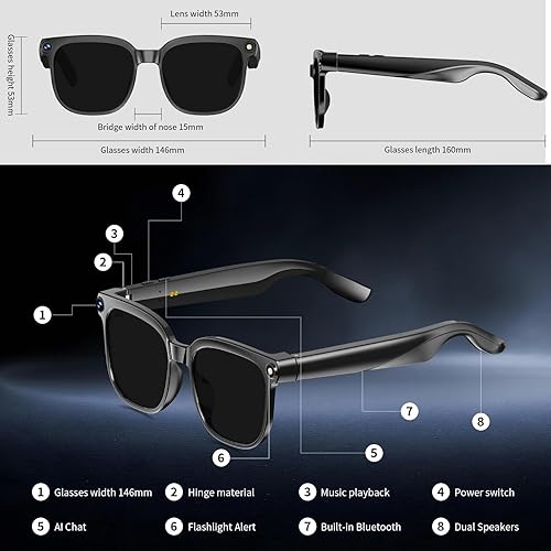 Miniatura 9 de Lentes inteligentes AI con cámara, gafas de cámara antivibración HD de 8 MP, grabación de video 1080P, lentes AI de doble micrófono, traducción en