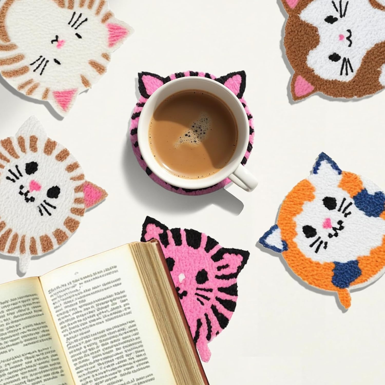 57lilina Punch Needle Coaster Kit for Adults Beginners Kids, 6 Set Complete Animal Cat Punch Needle Stitching Embroidery Art Kit, Step-by-Step Guide Make Punch Needling Drink Coasters for Starter