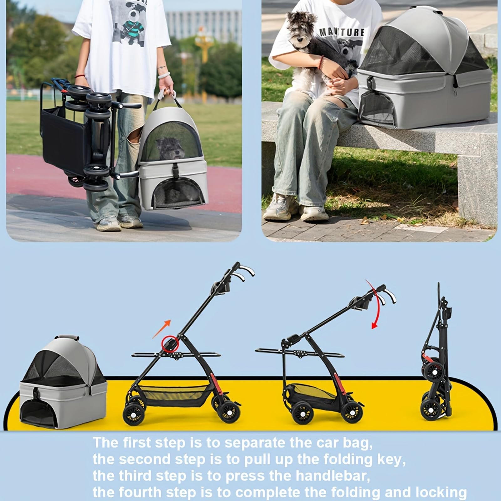 Hundewagen 3-in-1, Klappbar, Für Hunde & Katzen bis 20kg | Abnehmbare Tragetasche, Inkl. Einkaufskorb & Hängetasche, Mesh-Fenster mit Fütterungsöffnung, Kompakt faltbar