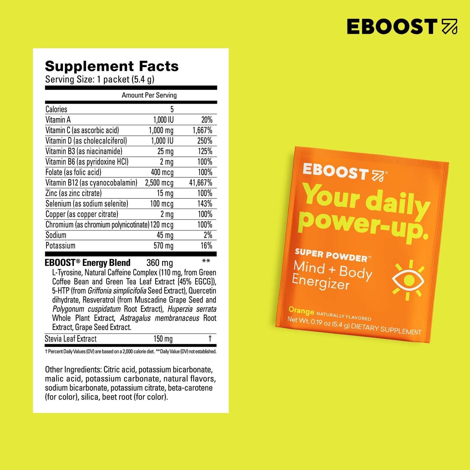 EBOOST Super Powder Energy Drink Mix 20 Packets an Effervescent