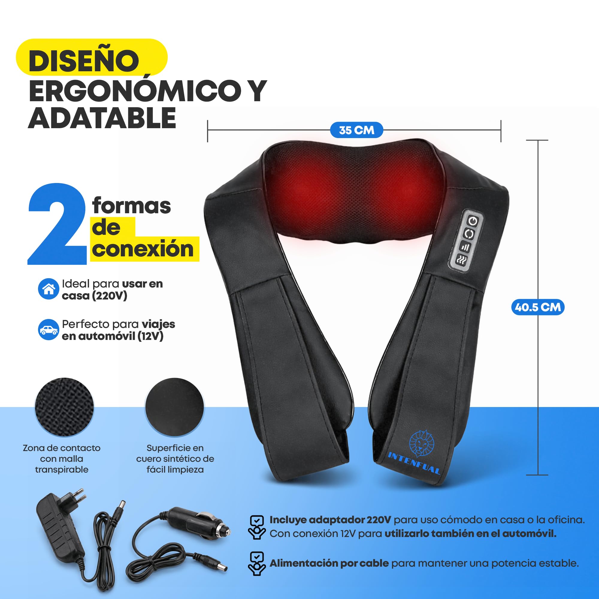 Masajeador Cervical y Espalda Shiatsu con Calor, Masajeador de Cuello, Hombros y Lumbar con 2 Nodos Rotatorios y 4 Cabezales, 3 Intensidades, Masaje Profundo 3D, Uso en Casa y Coche (No Inalámbrico)