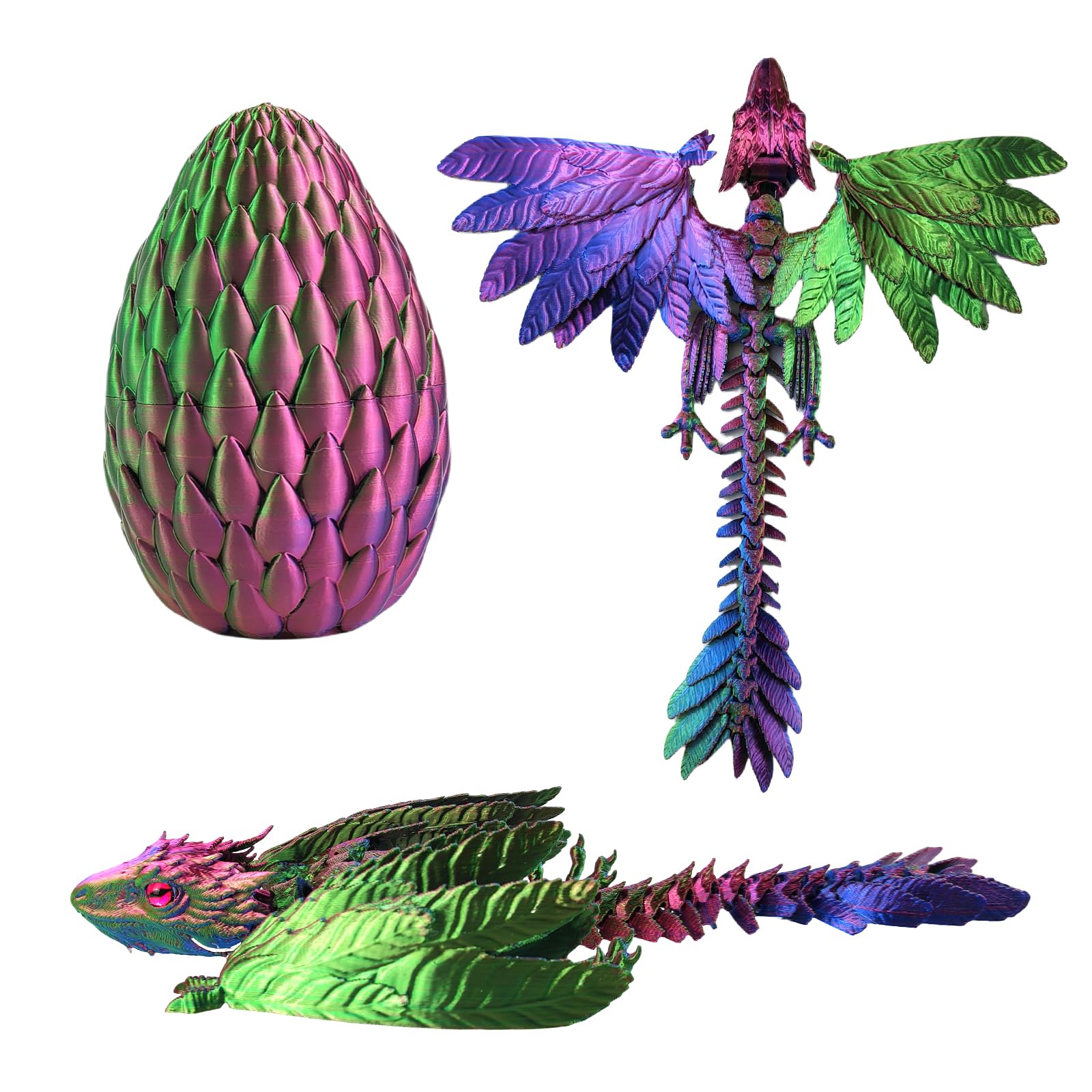 QOUXZ Dynamic 3D Printed Dragon Eggs with Dragon Inside，Wings Movable Feathered Wyvern,Full Articulated Crystal Flying Fidget Archaeoptera Animals Toy