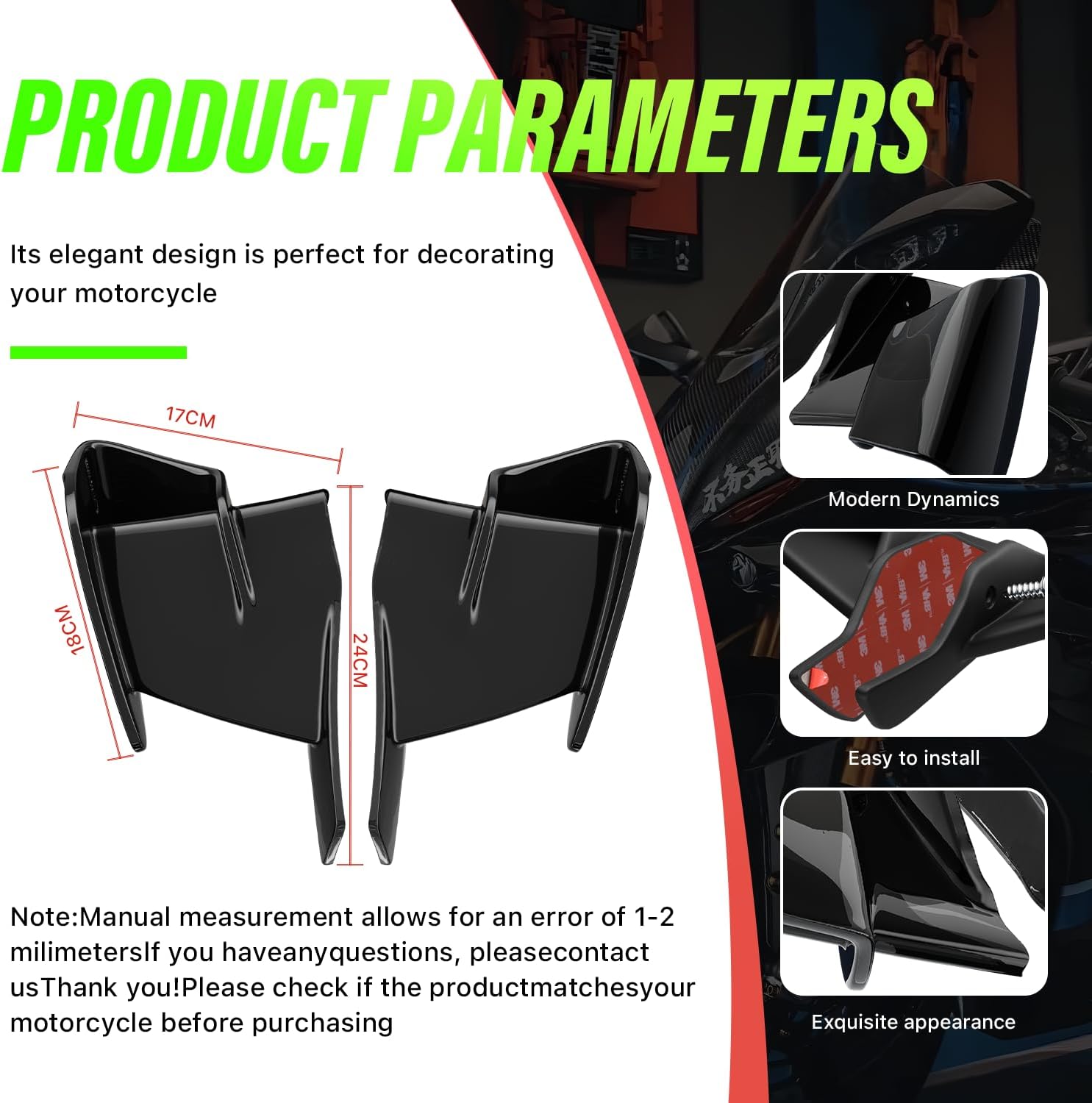 Motorcycle Fairings for Kawasaki, Air deflectors for Road Glide with Winglet, Spoiler Wings Motorcycle Accessories for Kawasaki ZX-25R/SE ZX-4R ZX-4RR 2020-2024 (Bright Black)