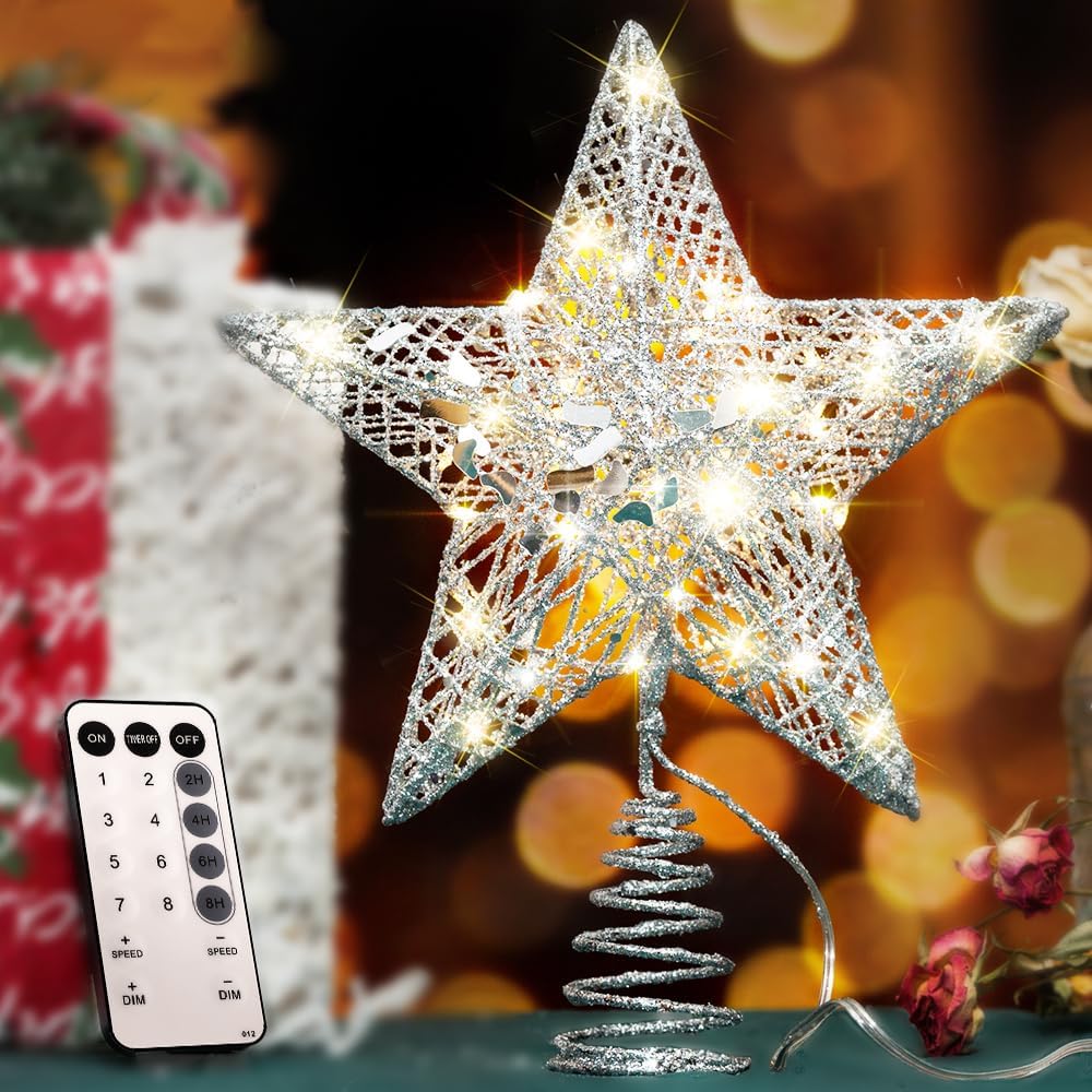 YAUNGEL Christmas Tree Topper, Star Tree Topper with 40 LED and Remote Control Battery Operated Warm Lights Treetop Christmas Decorations, Indoor Home Decor, 10IN Silver Silver 10 in