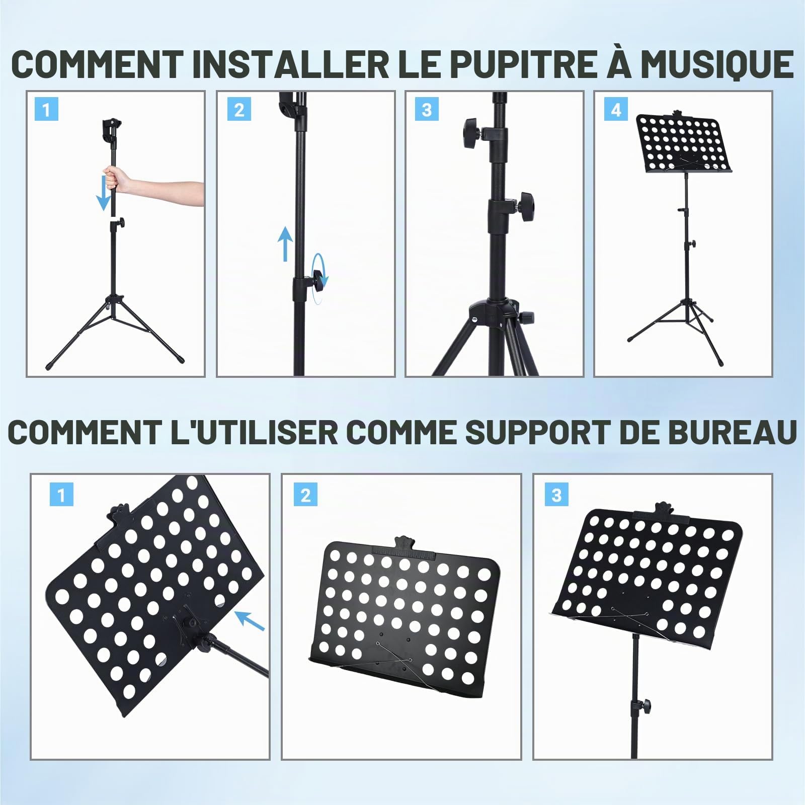 Pupitre de Musique 2 en 1 - Support Partitions et Pupitre de Table, Pliable, Léger, Portable et Hauteur Réglable avec Sac de Transport Idéal pour la Batterie, l'orchestre et Autres Spectacles Musicaux