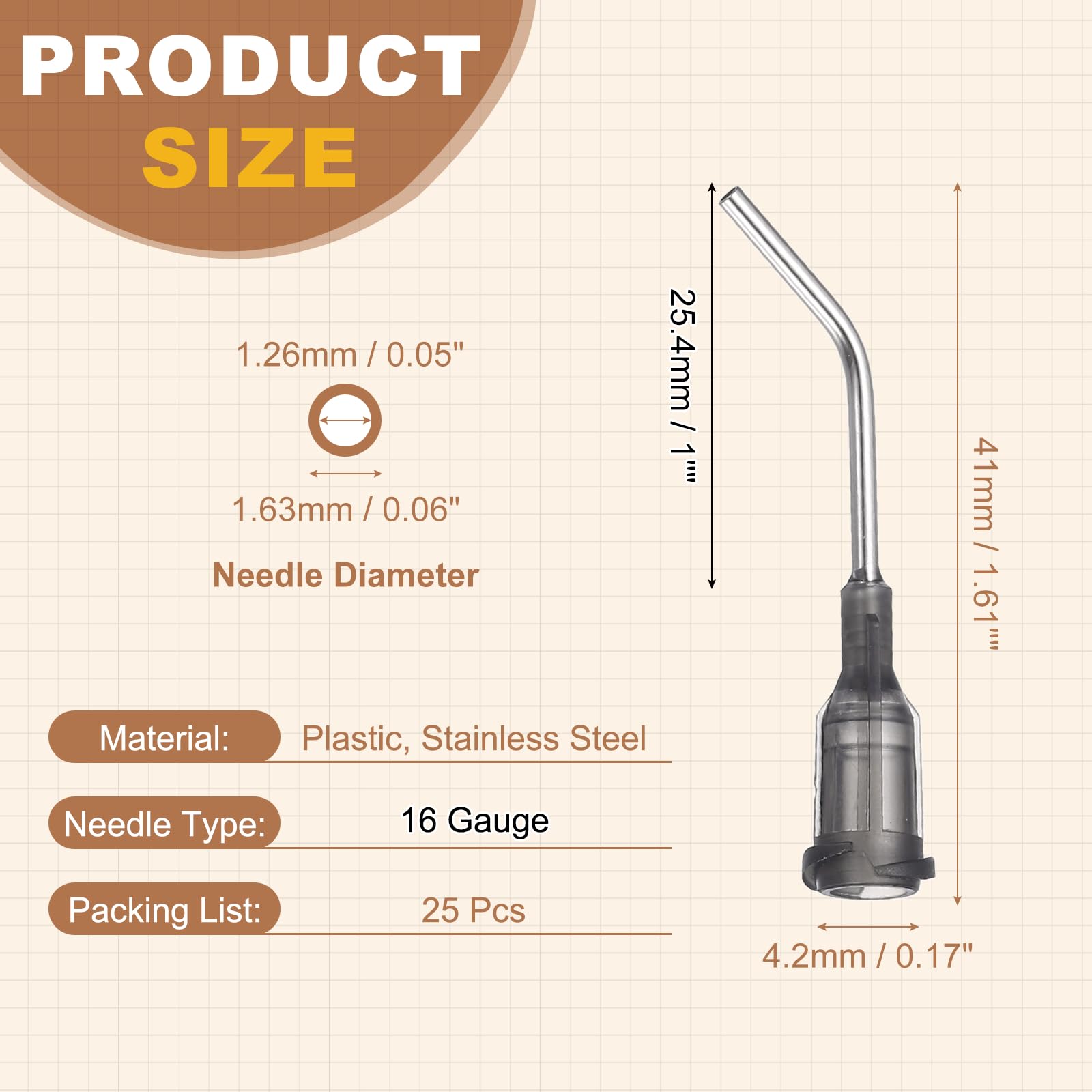 PATIKIL Kątowe igły dozujące 16 Ga, 25 szt., 3 cm, zakrzywione 45°, przemysłowe, tępe końcówki igieł dozujących z igłą Luer Lock do napełniania płynnych atramentów, kleju, oleju, szare