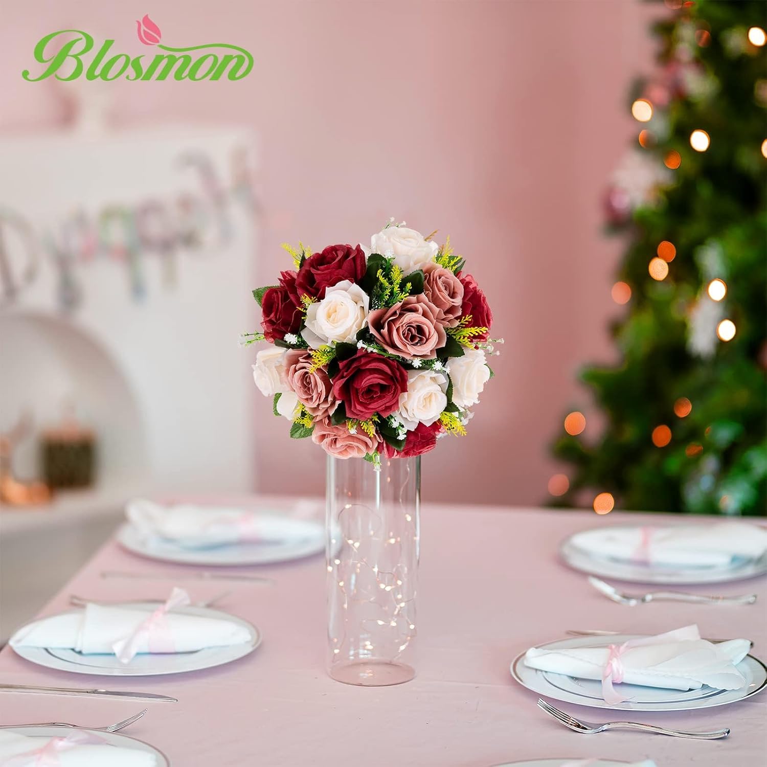 BLOSMON Flower Centerpieces Decoration for Table: 2 Pcs Burgundy & Dusty Rose & Creamy White Fake Roses Kissing Flower for Wedding - Artificial Silk Floral Arrangements Home Party DIY Decoration - Image 3