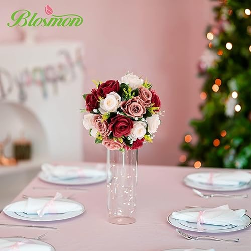 Miniatura 24 de BLOSMON Centros de mesa de flores para mesas de boda: 10 piezas de rosas artificiales rojas carmesí decoración de bolas - 9.5 pulgadas de seda falsa