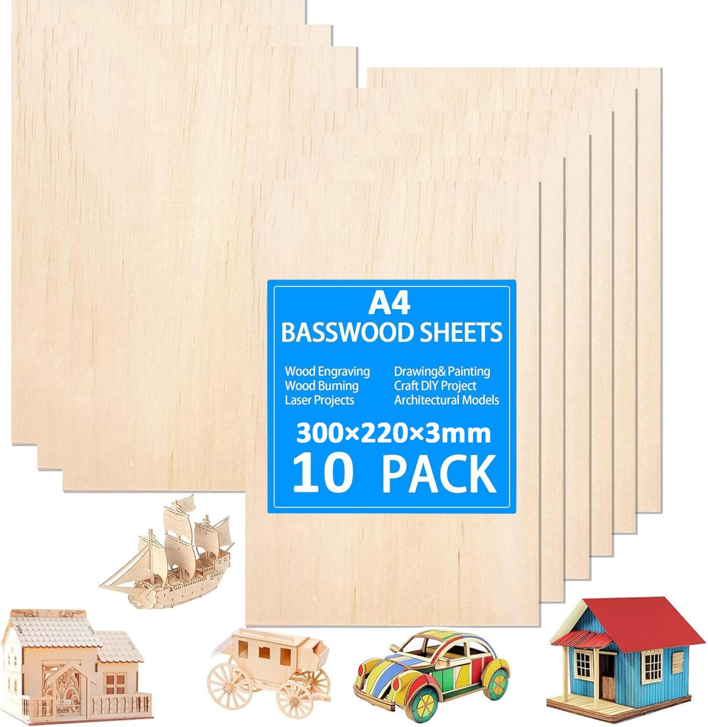 Tiusixsy 10 Pezzi Fogli di Legno di Balsa, 300 × 220 × 3mm Compensato, Fogli di Legno Sottili,Compensato Basswood, per Modellare, Artigianato, Pirografia