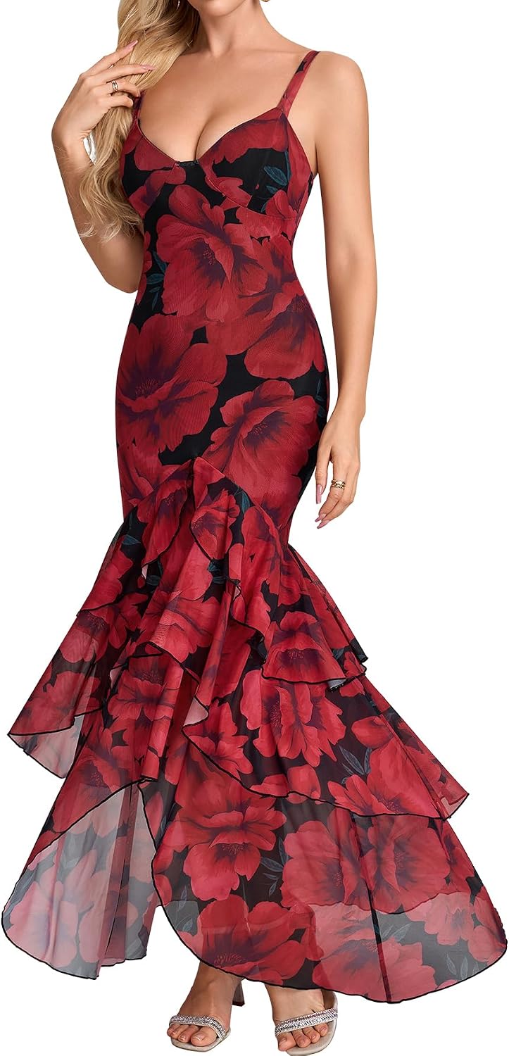 HTZMO Women Floral Wedding Guest Maxi Dress Summer Tiered Hem V Neck Bodycon Formal Party Elegant Long Dresses