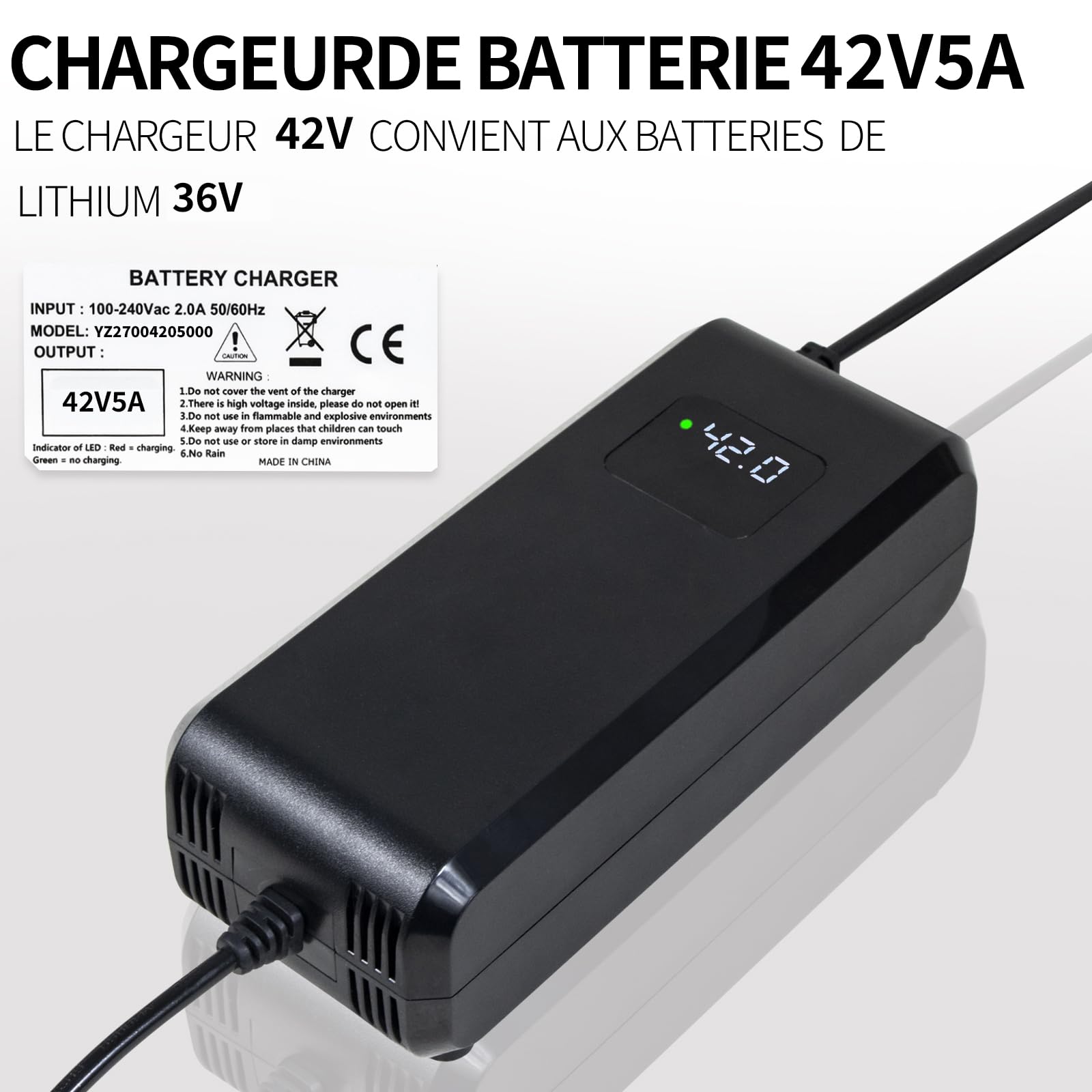 Caricabatteria al litio da 42 V 5 A per biciclette elettriche e scooter Caricabatteria rapido per batterie agli ioni di litio da 36 V con display ad alta definizione