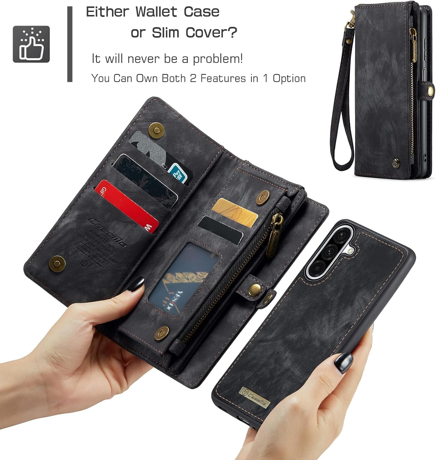 CaseMe for Samsung Galaxy A17 Wallet Case, Magnetic Flip Zipper Pocket Kickstand Cover Premium Durable PU Leather Folio Case with Card Holder Lanyard Strap Wristle (Black, A17)