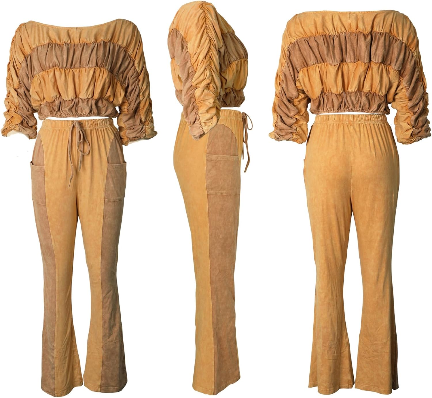 Geulis Women's 2 Piece Tracksuit off the Shoulder Puff Sleeve Crop Top Stretch High Waisted Bell Bottom Flare Pants Sets - Image 5