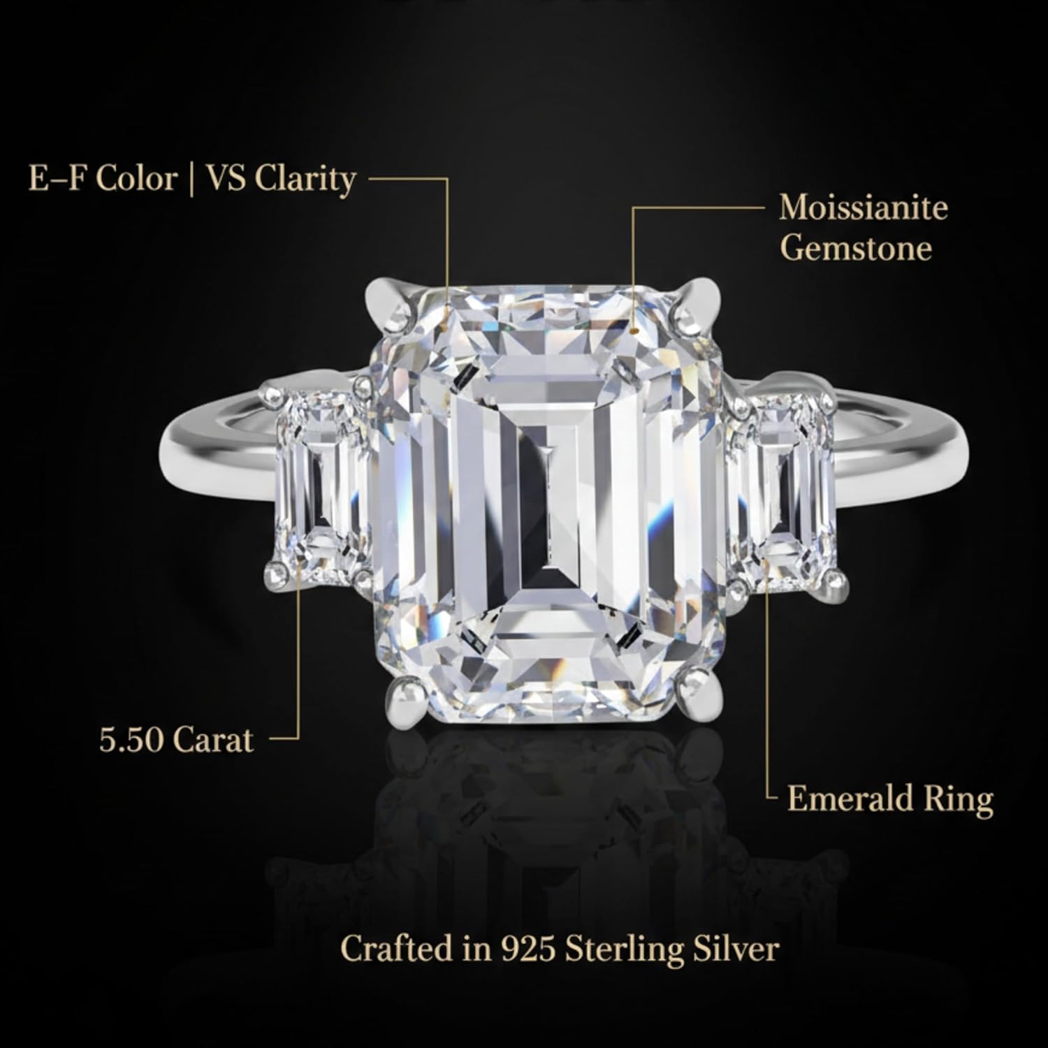 5.50ct Moissanite Emerald Cut Three Ring for Women EF Color VS Clarity in 925 Sterling Silver Jewelry for her Wedding Anniversary Birthday Size 6-10 - Image 3
