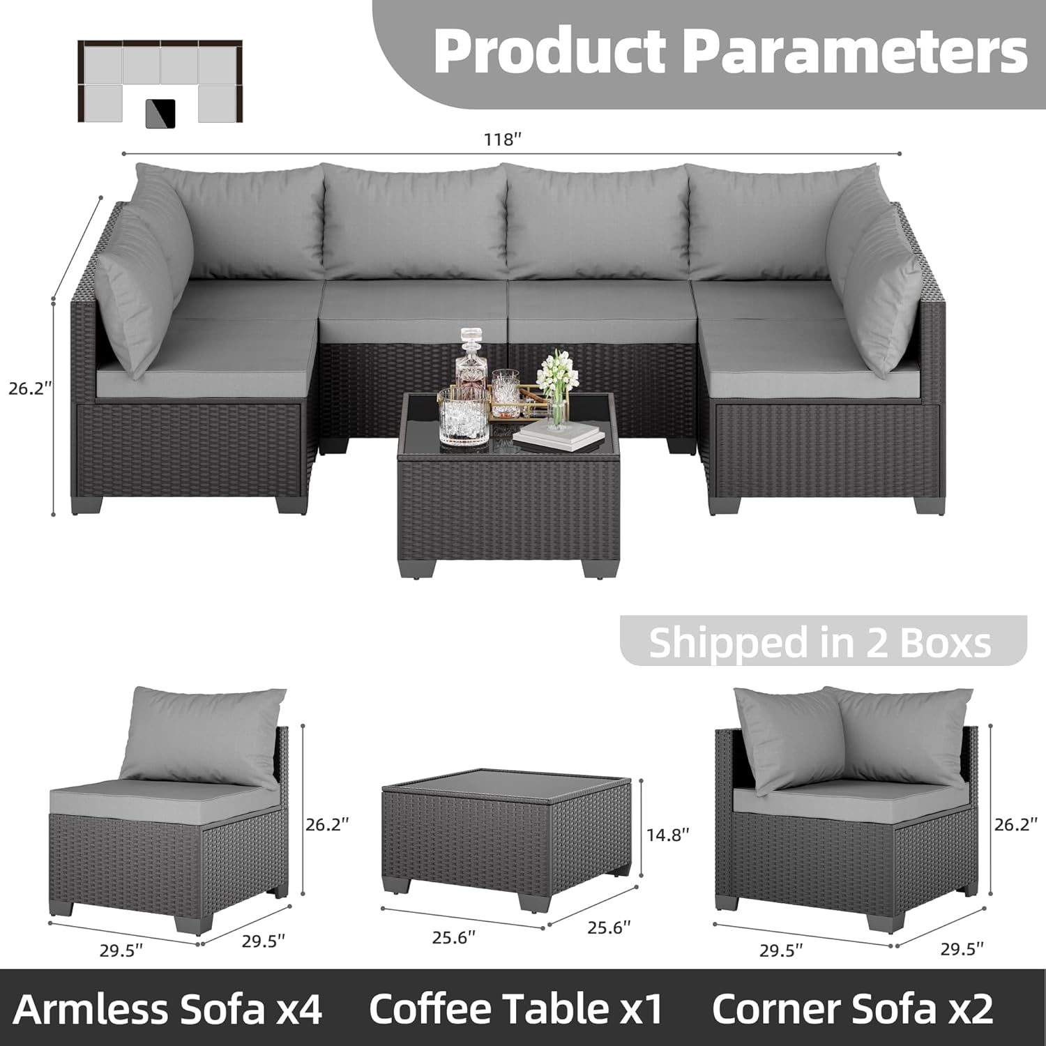 Skyfish 7 Pieces Patio Furniture Sofa - Outdoor Sectional Wicker Rattan Furniture with Cushion and Glass Table Patio Conversation Sets for Porch Poolside Backyard Outdoor Sofa Set Modular Sofa