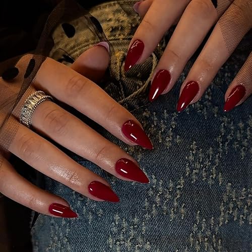 Uñas postizas a presión color rojo vino, con forma de almendra, medianas, uñas acrílicas neutras, reutilizables, para mujeres y niñas, uñas con