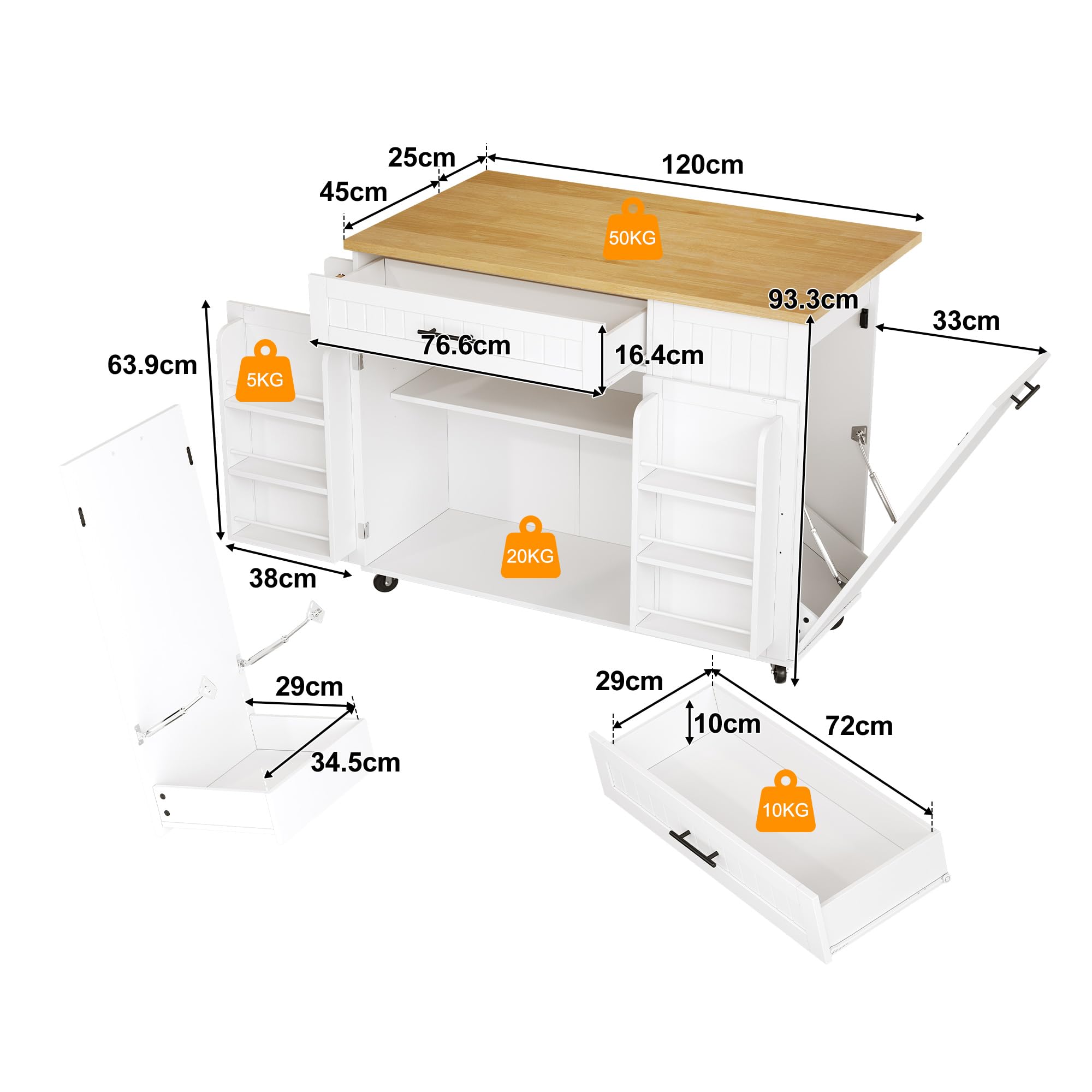 Kücheninsel mit Klappbare Arbeitsplatte(45–70 cm), Hochglanz Küchenschrank mit Mülleimerschrank und Ablage über der Tür, Küchenkommode mit Feststellbare Rollen, für Esszimmer/Küchen