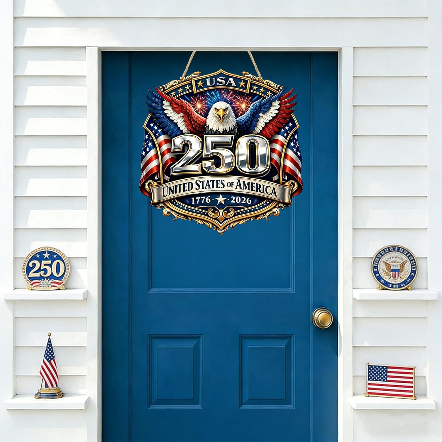USA 250th Anniversary double-layer wooden sign Large Reusable Bald Eagle American Flag 1776-2026 Patriotic Fireworks Red Blue White Rustic Wood Twine Hanging Door Wall Journal Scrapbook Decor 1 pcs