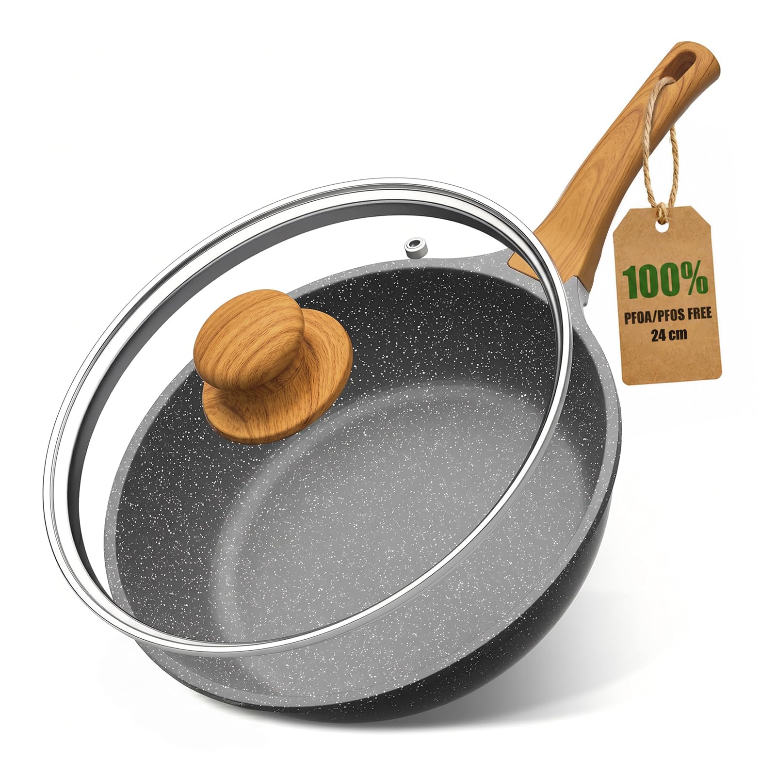 YASHE 24cm/3.3L Nonstick Deep Frying Pan w/Glass Lid, Dishwasher Safe