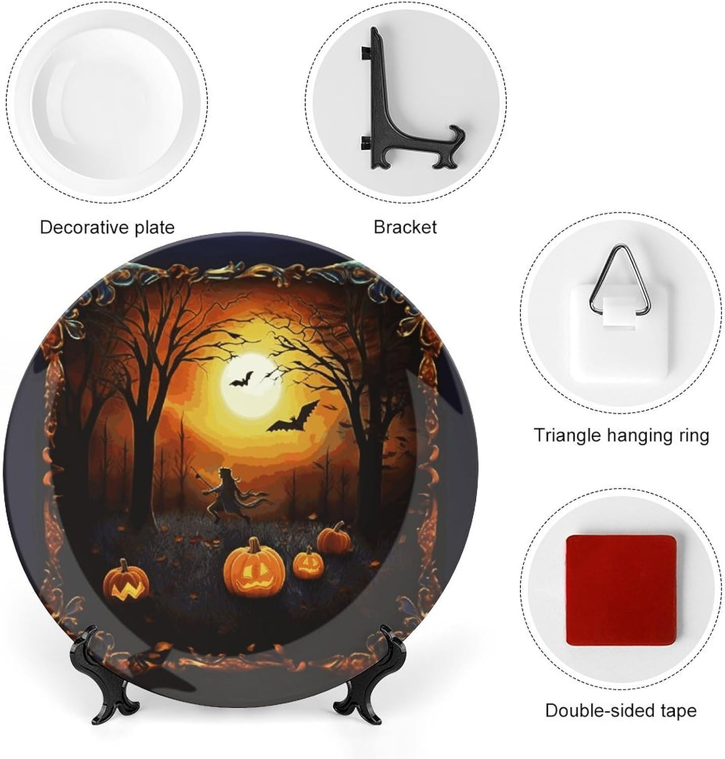 Halloween Party Bone China Decorative Plate with Display Stand, Ceramic Ornaments Plate for Wall Hanging, Personalized Porcelain Plates for Office, Living Room 8inch