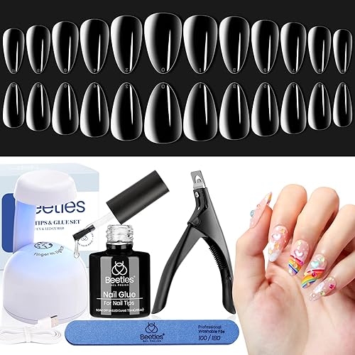 Beetles - Kit de extensión de uñas de gel fácil con 240 puntas cortas en forma de almendras 5 en 1, gel base de pegamento de uñas e innovadora