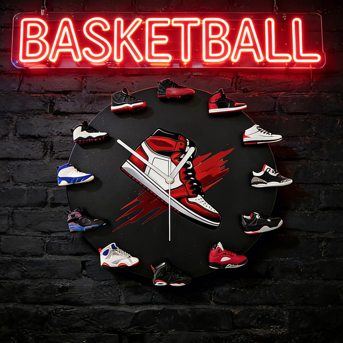 Horloge murale décorative avec 12 mini chaussures de basket 3D, cadeau pour hommes et femmes amis (noir)