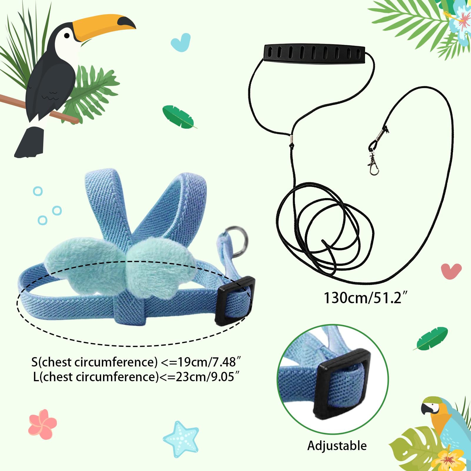 Harnais et Laisse Réglables pour Perroquets – Légère Laisse de vol élastique Anti-Morsure pour Promenade et Dressage (Bleu, S)