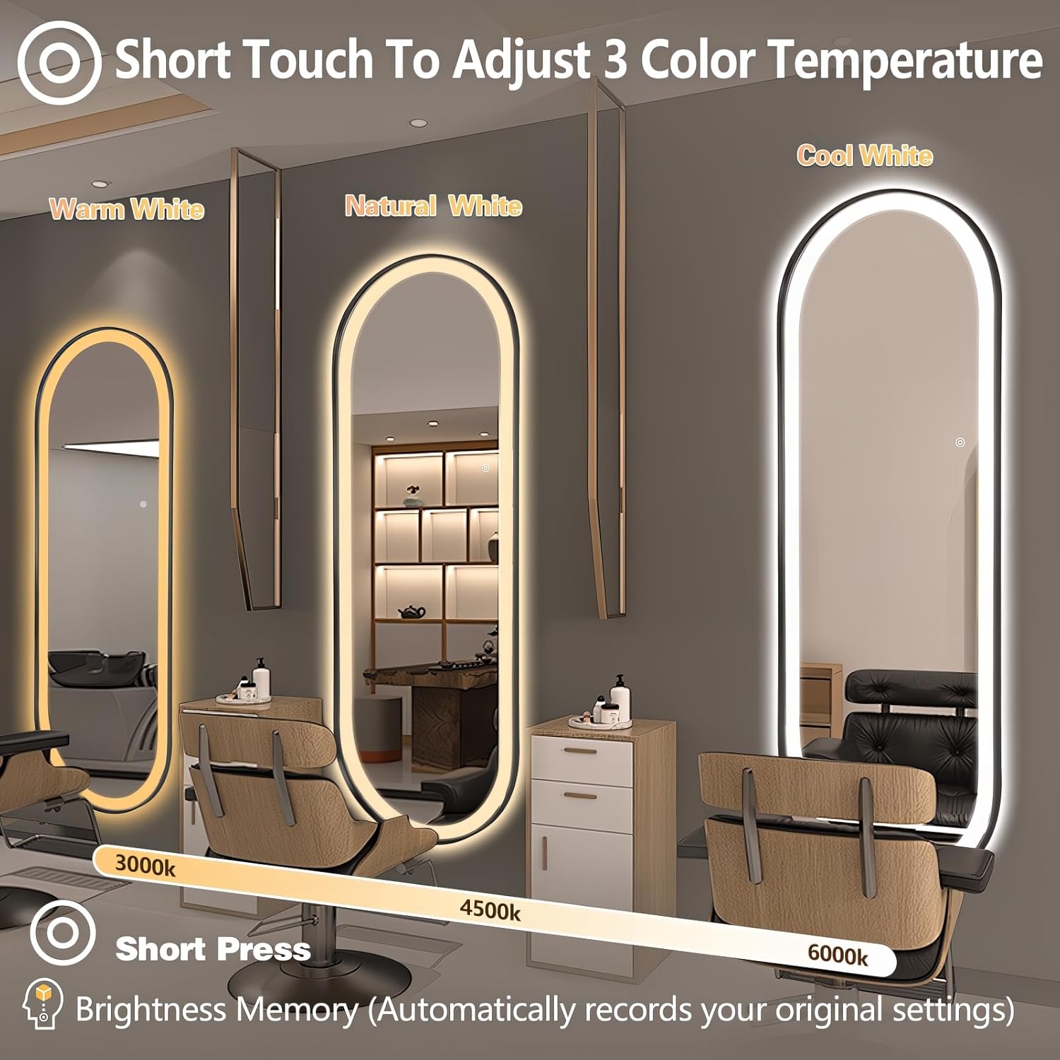 Oval LED Full Lenght Mirror, 48"×16" Long Mirrors Wall Mounted with Black Frame, Oval LED Full Body Mirrors 3 Colors, Adjustable Brightness, Shatter-Proof, Deco for Salon/Bedroom/Living Room